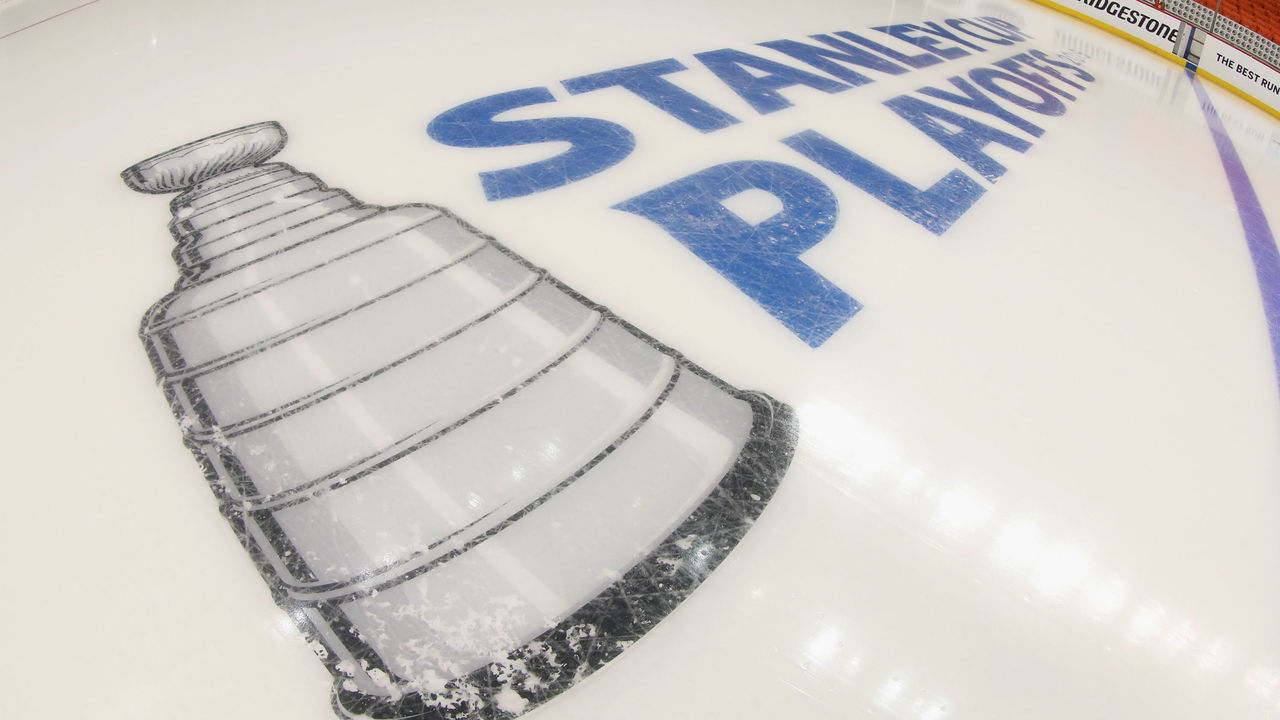 NEW YORK, NEW YORK - APRIL 28: A general view of the in-ice logo prior to the game between the New York Islanders and the Carolina Hurricanes in Game Two of the Eastern Conference Second Round during the 2019 NHL Stanley Cup Playoffs at the Barclays Center on April 28, 2019 in the Brooklyn borough of New York City.