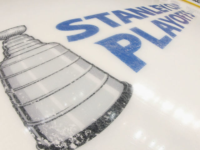 NEW YORK, NEW YORK - APRIL 28: A general view of the in-ice logo prior to the game between the New York Islanders and the Carolina Hurricanes in Game Two of the Eastern Conference Second Round during the 2019 NHL Stanley Cup Playoffs at the Barclays Center on April 28, 2019 in the Brooklyn borough of New York City.