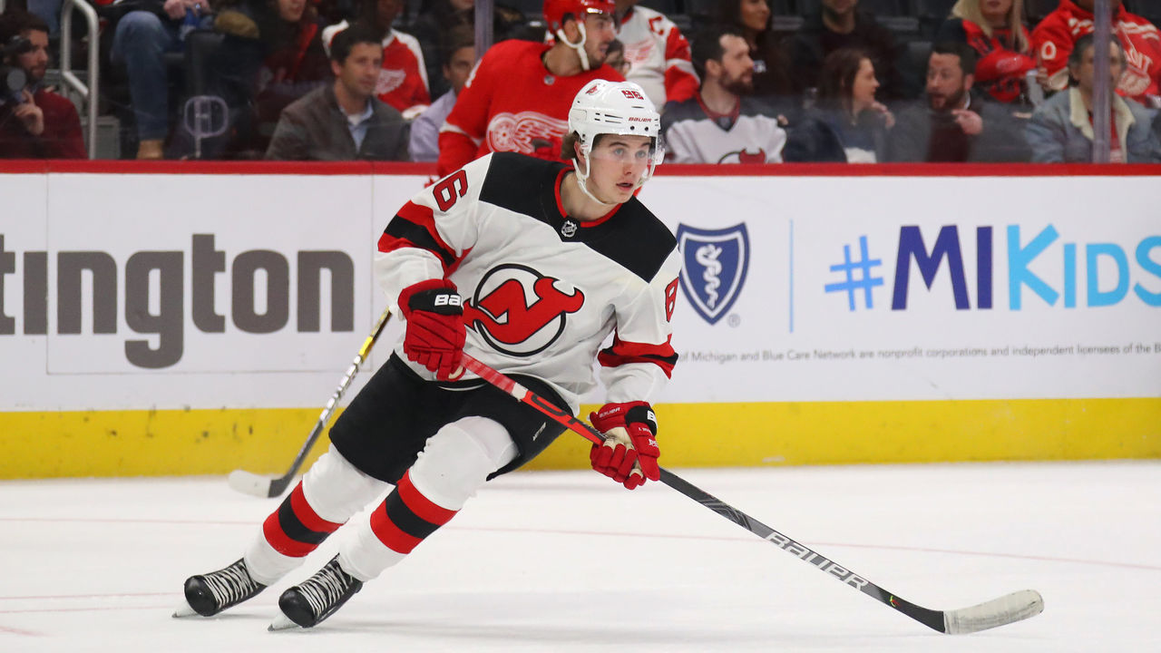 DETROIT, MICHIGAN - FEBRUARY 25: Jack Hughes #86 of the New Jersey Devils skates against the Detroit Red Wings at Little Caesars Arena on February 25, 2020 in Detroit, Michigan.