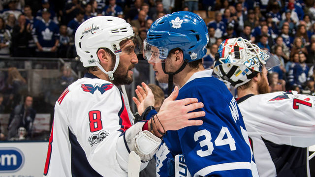 TORONTO, ON - APRIL 23: Auston Matthews #34 of the Toronto Maple Leafs congratulates Alex Ovechkin #8 of the Washington Capitals after the Capitals defeated the Leafs during overtime in Game Six of the Eastern Conference First Round during the 2017 NHL Stanley Cup Playoffs at the Air Canada Centre on April 23, 2017 in Toronto, Ontario, Canada.