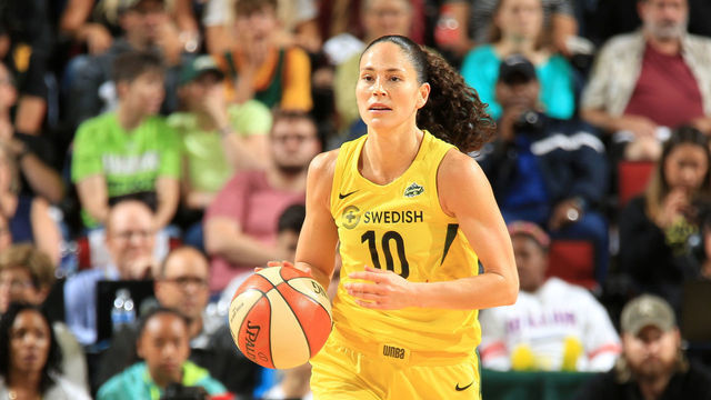 SEATTLE, WA - AUGUST 26: Sue Bird #10 of the Seattle Storm brings the ball up the court during the game against the Phoenix Mercury during Game One of the 2018 WNBA Semifinals on August 26, 2018 at KeyArena in Seattle, Washington. Mandatory Copyright Notice: Copyright 2018 NBAE