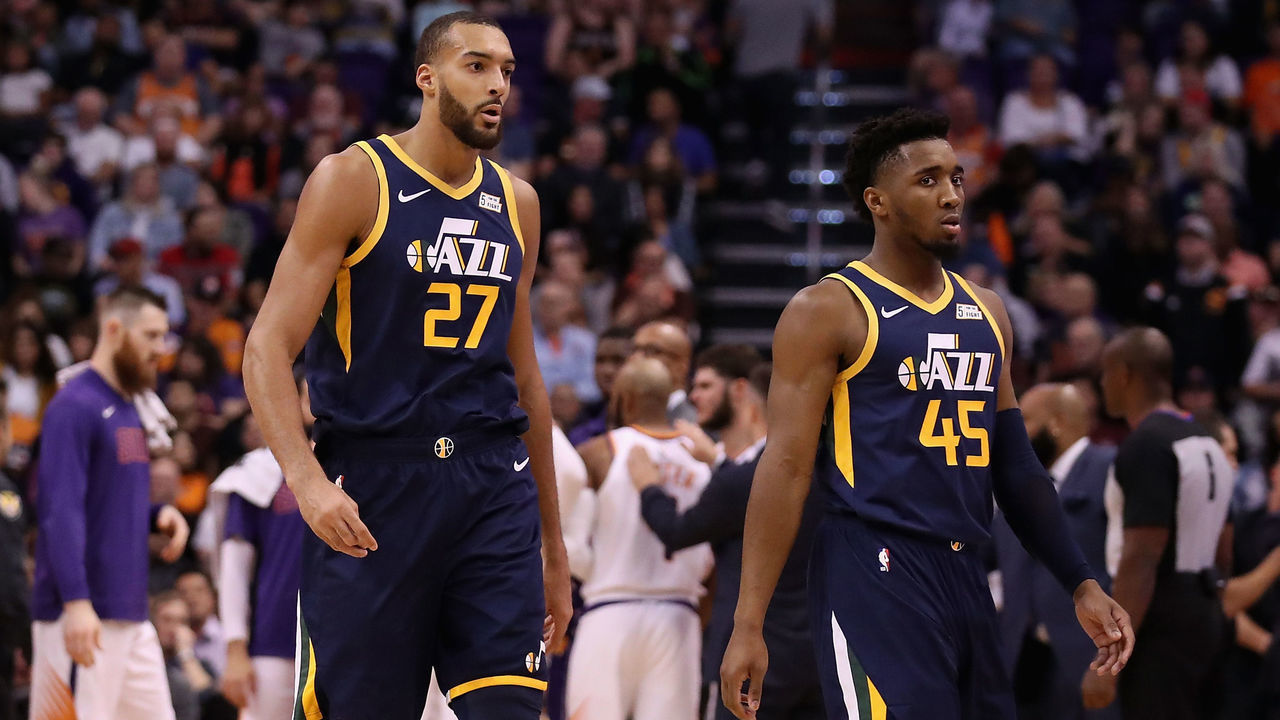 PHOENIX, ARIZONA - OCTOBER 28: (L-R) Royce O'Neale #23, Rudy Gobert #27 and Donovan Mitchell #45 of the Utah Jazz during the first half of the NBA game against the Phoenix Suns at Talking Stick Resort Arena on October 28, 2019 in Phoenix, Arizona. NOTE TO USER: User expressly acknowledges and agrees that, by downloading and/or using this photograph, user is consenting to the terms and conditions of the Getty Images License Agreement