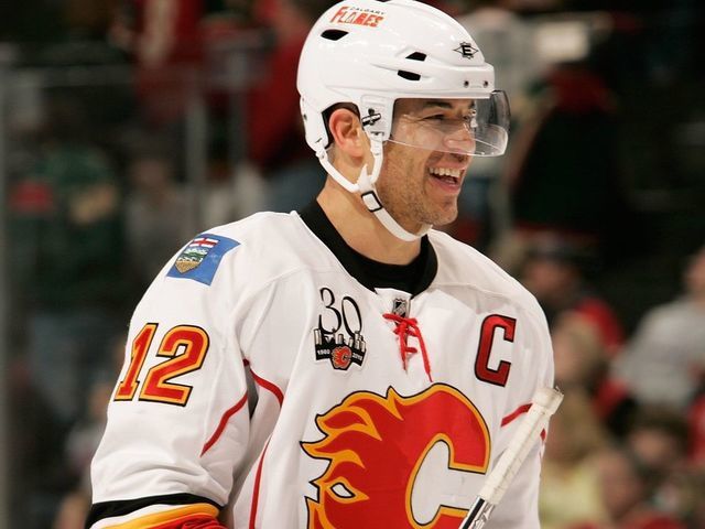 SAINT PAUL, MN - MARCH 7: Jarome Iginla #12 of the Calgary Flames celebrates after defeating the Minnesota Wild at the Xcel Energy Center on March 7, 2010 in Saint Paul, Minnesota.