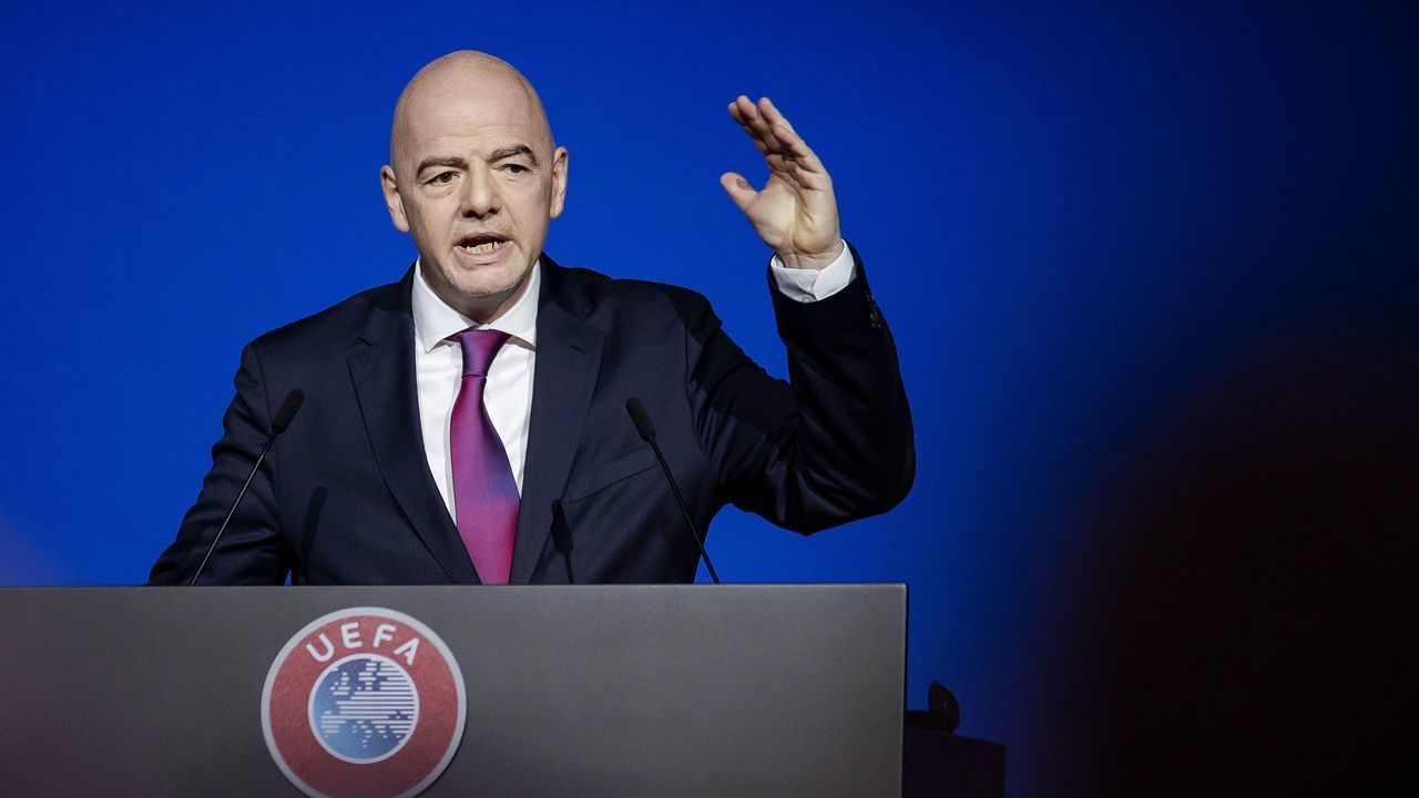 FIFA President Gianni Infantino gestures as he speaks during the 44th Ordinary UEFA Congress , in Amsterdam, the Netherlands, on March 3, 2020.