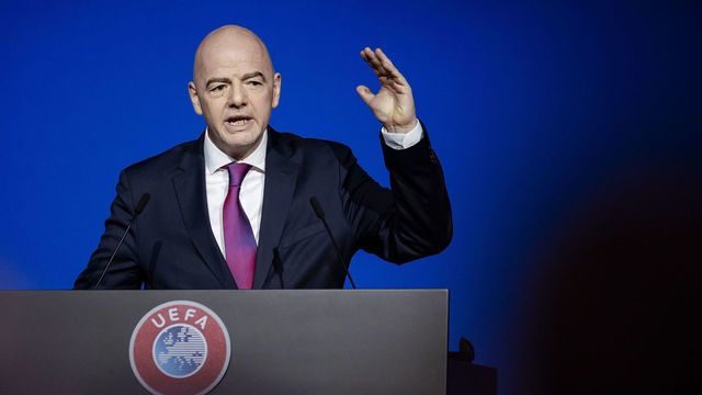 FIFA President Gianni Infantino gestures as he speaks during the 44th Ordinary UEFA Congress , in Amsterdam, the Netherlands, on March 3, 2020.