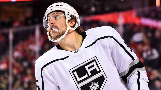 CALGARY, AB - DECEMBER 07: Los Angeles Kings Defenceman Kurtis MacDermid (56) checks the scoreboard during the first period of an NHL game where the Calgary Flames hosted the Los Angeles Kings on December 7, 2019, at the Scotiabank Saddledome in Calgary, AB.