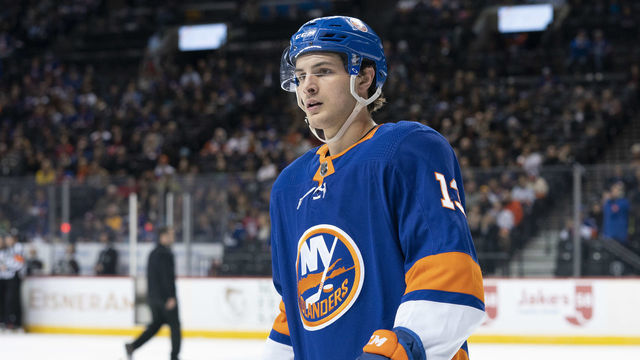 UNIONDALE, NY - FEBRUARY 06: New York Islanders Center Mathew Barzal (13) during the first period of the National Hockey League game between the Los Angeles Kings and the New York Islanders on February 6, 2020 at the Barclays Center in Brooklyn, NY.