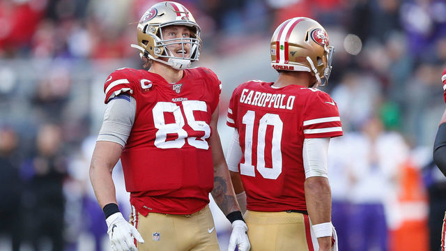 SANTA CLARA, CALIFORNIA - JANUARY 11: George Kittle #85 and quarterback Jimmy Garoppolo #10 of the San Francisco 49ers react after a play in the third quarter of the NFC Divisional Round Playoff game against the Minnesota Vikings at Levi's Stadium on January 11, 2020 in Santa Clara, California.