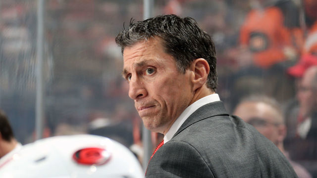 PHILADELPHIA, PA - NOVEMBER 05: Head Coach of the Carolina Hurricanes Rod Brind'Amour watches a play develop on the ice against the Philadelphia Flyers on November 5, 2019 at the Wells Fargo Center in Philadelphia, Pennsylvania.