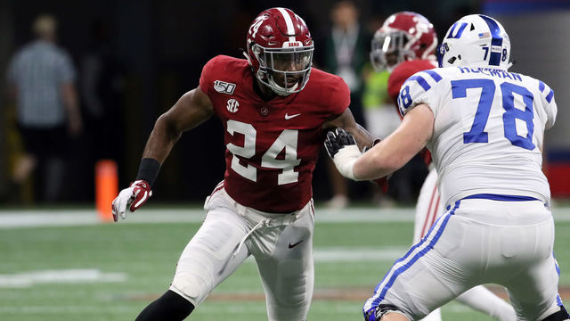 ATLANTA, GA - AUGUST 31: Alabama Crimson Tide linebacker Terrell Lewis (24) during the Chick-fil-A Kickoff Game between the Alabama Crimson Tide and the Duke Blue Devils on August 31, 2019 at Mercedes-Benz Stadium in Atlanta, Georgia.