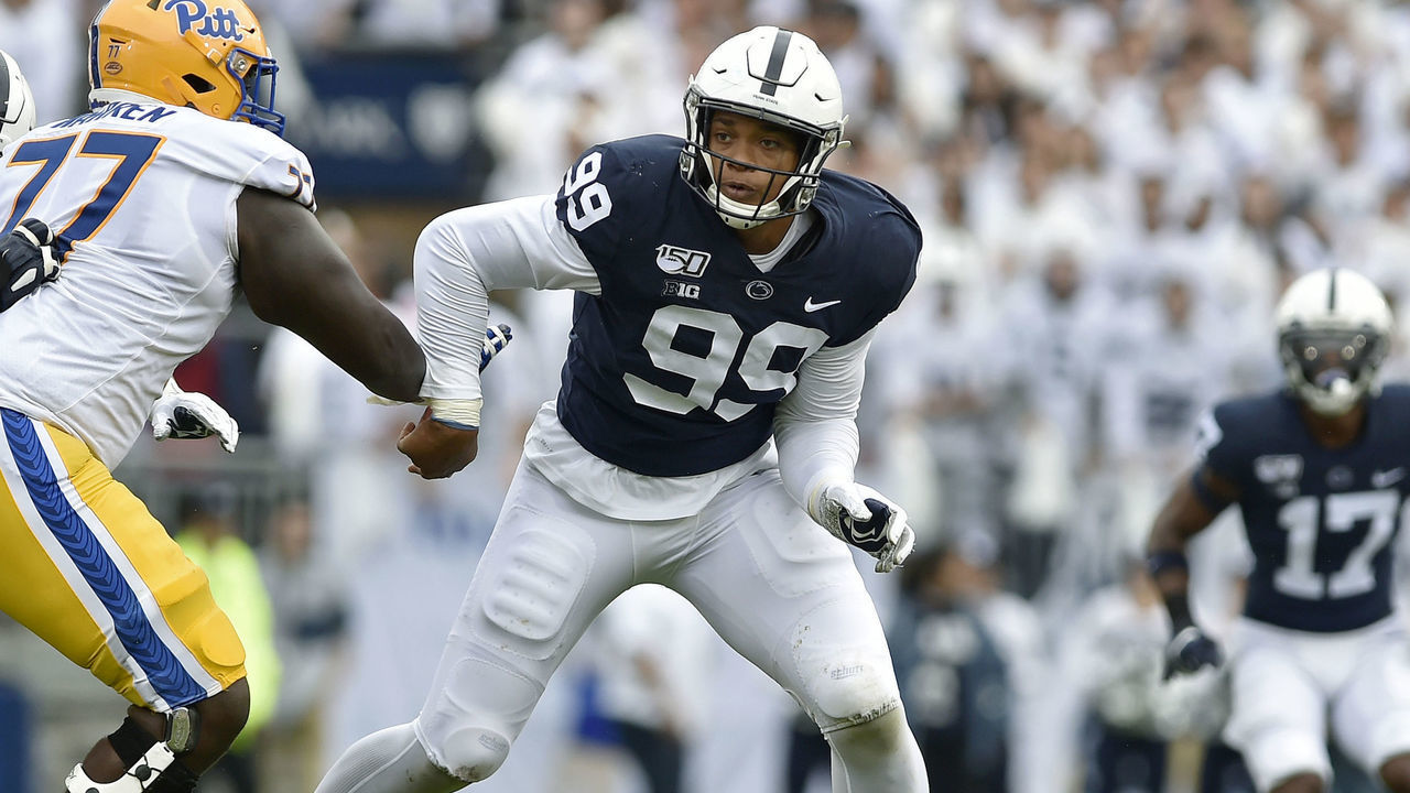 UNIVERSITY PARK, PA - SEPTEMBER 14: Penn State DE Yetur Gross-Matos (99) rushes the quarterback during the Pittsburgh Panthers (Pitt) vs. Penn State Nittany Lions September 14, 2019 at Beaver Stadium in University Park, PA.