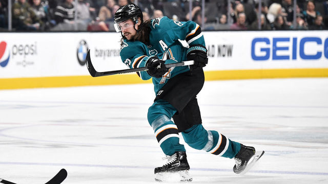 SAN JOSE, CA - FEBRUARY 10: Erik Karlsson #65 of the San Jose Sharks takes a shot on goal against the Calgary Flames at SAP Center on February 10, 2020 in San Jose, California.