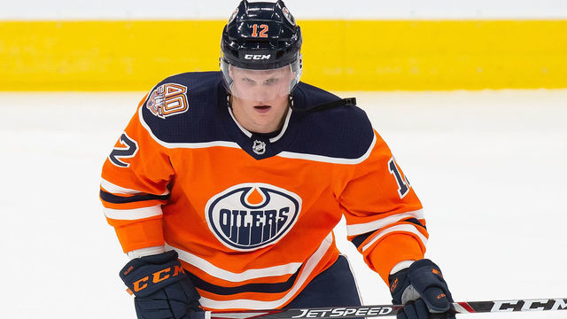 EDMONTON, AB - MARCH 11: Colby Cave #12 of the Edmonton Oilers skates against the New York Rangers at Rogers Place on March 11, 2019 in Edmonton, Alberta, Canada.