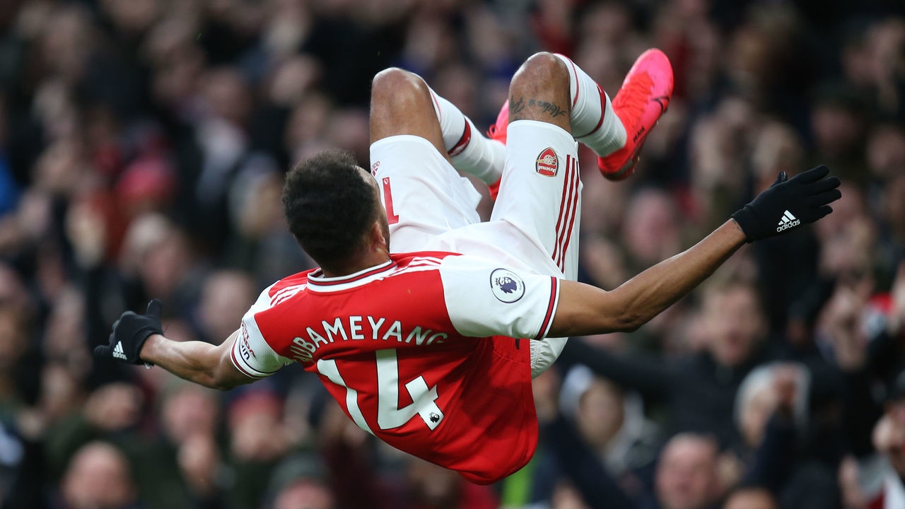 LONDON, ENGLAND - FEBRUARY 23: Pierre-Emerick Aubameyang of Arsenal celebrates his first goal during the Premier League match between Arsenal FC and Everton FC at Emirates Stadium on February 23, 2020 in London, United Kingdom.