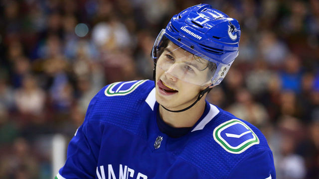 VANCOUVER, BC - MARCH 15: Nikolay Goldobin #77 of the Vancouver Canucks skates up ice during their NHL game against the New Jersey Devils at Rogers Arena March 15, 2019 in Vancouver, British Columbia, Canada. "n