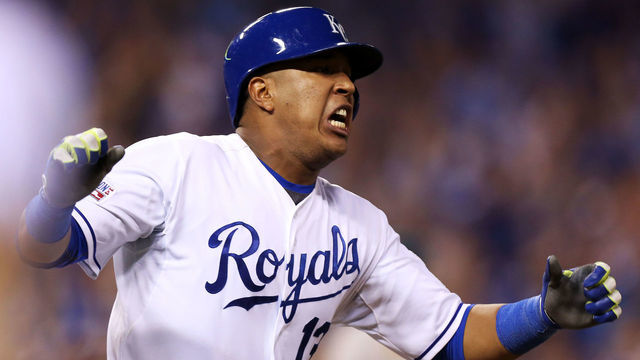 KANSAS CITY, MO - SEPTEMBER 30: Salvador Perez #13 of the Kansas City Royals reacts after hitting the game winning RBI single in the 12th inning against the Oakland Athletics during the American League Wild Card game at Kauffman Stadium on September 30, 2014 in Kansas City, Missouri.