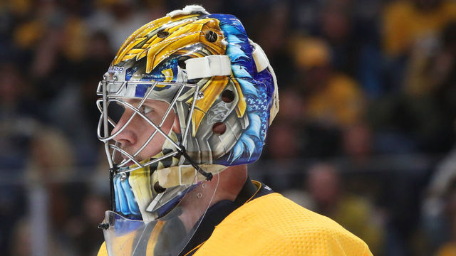 NASHVILLE, TN - MARCH 02: The artwork on the mask of Nashville Predators goalie Pekka Rinne (35), of Finland, is shown during the NHL game between the Nashville Predators and Edmonton Oilers, held on March 2, 2020, at Bridgestone Arena in Nashville, Tennessee.