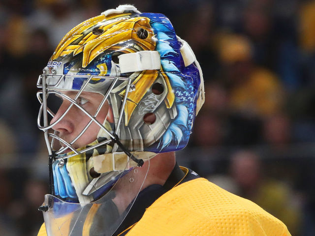 NASHVILLE, TN - MARCH 02: The artwork on the mask of Nashville Predators goalie Pekka Rinne (35), of Finland, is shown during the NHL game between the Nashville Predators and Edmonton Oilers, held on March 2, 2020, at Bridgestone Arena in Nashville, Tennessee.