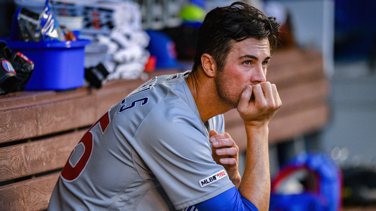 MIAMI, FL - APRIL 17: Cole Hamels #35 of the Chicago Cubs in the dugout during the game against the Miami Marlins at Marlins Park on April 17, 2019 in Miami, Florida.