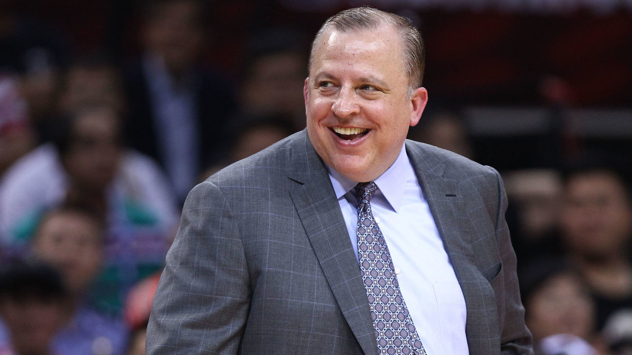 SHENZHEN, CHINA - OCTOBER 05: Head coach Tom Thibodeau of the Minnesota Timberwolves reacts during the game between the Minnesota Timberwolves and the Golden State Warriors as part of 2017 NBA Global Games China at Universidade Center on October 5, 2017 in Shenzhen, China.