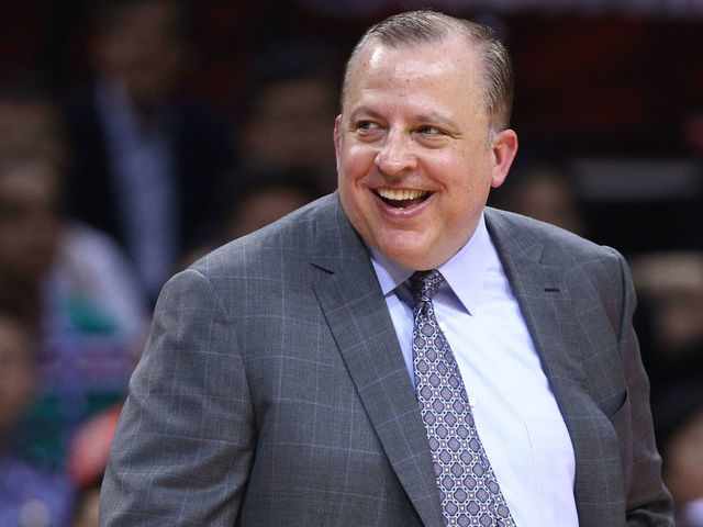 SHENZHEN, CHINA - OCTOBER 05: Head coach Tom Thibodeau of the Minnesota Timberwolves reacts during the game between the Minnesota Timberwolves and the Golden State Warriors as part of 2017 NBA Global Games China at Universidade Center on October 5, 2017 in Shenzhen, China.