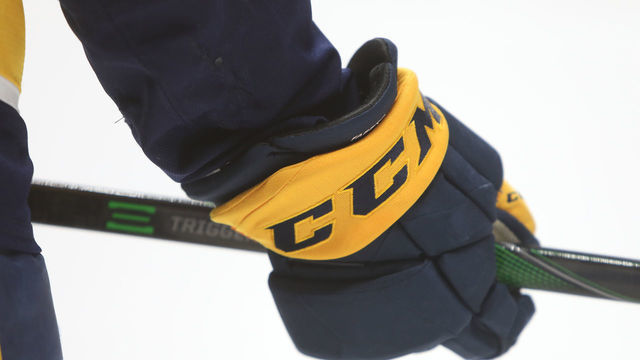 NASHVILLE, TN - FEBRUARY 22: A general view of a CCM glove is shown during the NHL game between the Nashville Predators and Columbus Blue Jackets, held on February 22, 2020, at Bridgestone Arena in Nashville, Tennessee.