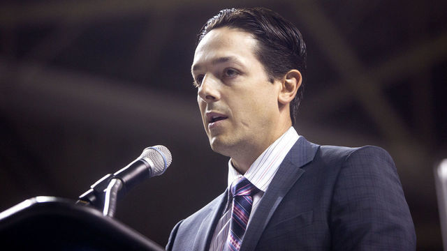 PORTLAND, ME - JULY 20: Danny Briere, a former Flyers player, will oversee day-to-day operations of the new team, speaks during a press conference at the Cross Insurance Arena where officials from the ECHL and CIA announced plans for the franchise. (Staff photo by Brianna Soukup/Portland Portland Press Herald via Getty Images)