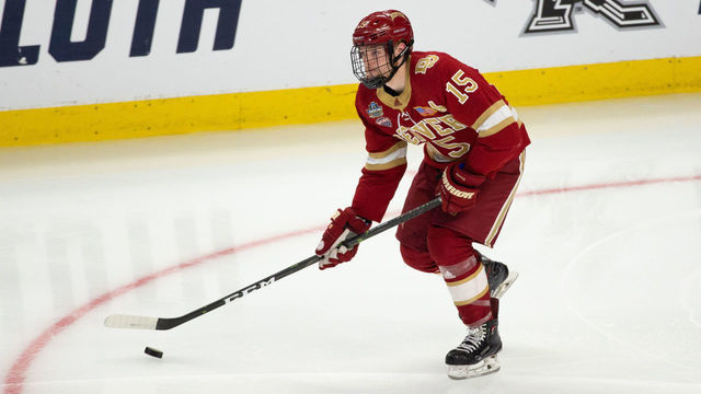 BUFFALO, NY - APRIL 11: Ian Mitchell #15 of the Denver Pioneers skates during a game against the Massachusetts Minutemen during game two of the 2019 NCAA Division I Men's Hockey Frozen Four Championship semifinal at the KeyBank Center on April 11, 2019 in Buffalo, New York. The Minutemen won 4-3 in overtime to advance to the title game Saturday night.