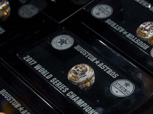 HOUSTON, TX - APRIL 3: A detail shot of the Houston Astros World Series Championship rings before the first pitch against the Baltimore Orioles at Minute Maid Park on Monday, April 3, 2018 in Houston, Texas.