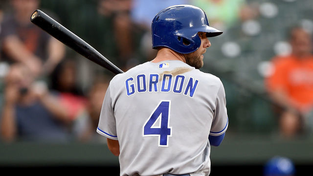 BALTIMORE, MD - AUGUST 19: Alex Gordon #4 of the Kansas City Royals bats against the Baltimore Orioles at Oriole Park at Camden Yards on August 19, 2019 in Baltimore, Maryland.