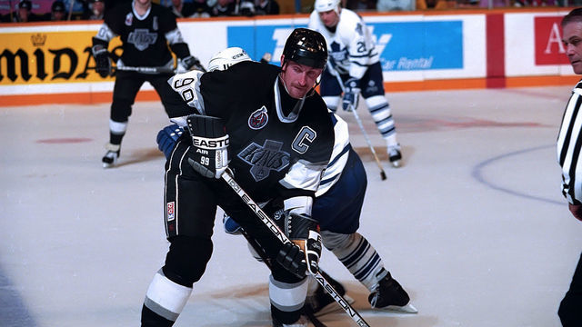 TORONTO, CANADA - MAY: Wayne Gretzky #99 of the Los Angeles King skates against the Toronto Maple Leafs during NHL playoff game action in May 1993 at Maple Leaf Gardens in Toronto, Ontario Canada.