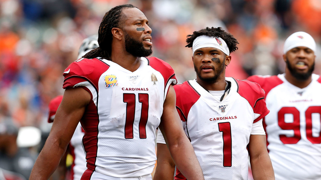 CINCINNATI, OH - OCTOBER 6: Larry Fitzgerald #11 of the Arizona Cardinals and Kyler Murray #1 walk off of the field during the game agains the Cincinnati Bengals at Paul Brown Stadium on October 6, 2019 in Cincinnati, Ohio.