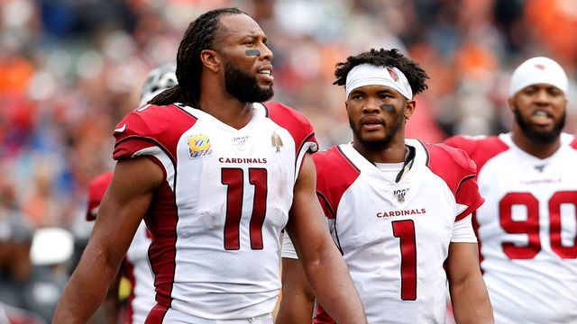 CINCINNATI, OH - OCTOBER 6: Larry Fitzgerald #11 of the Arizona Cardinals and Kyler Murray #1 walk off of the field during the game agains the Cincinnati Bengals at Paul Brown Stadium on October 6, 2019 in Cincinnati, Ohio.