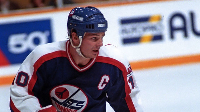 TORONTO, ON - OCTOBER 14: Dale Hawerchuk #10 of the Winnipeg Jets skates against the Toronto Maple Leafs during NHL game action October 14, 1989 at Maple Leaf Gardens in Toronto, Ontario, Canada. Winnipeg defeated Toronto 5-1.