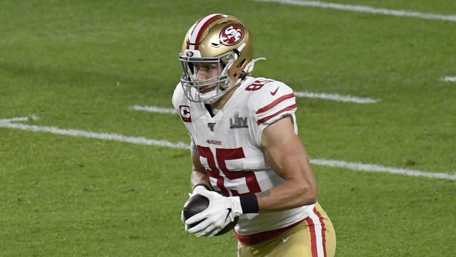 MIAMI, FLORIDA - FEBRUARY 02: George Kittle #85 of the San Francisco 49ers runs with the ball after catching a pass against the Kansas City Chiefs in Super Bowl LIV at Hard Rock Stadium on February 02, 2020 in Miami, Florida. The Chiefs won the game 31-20.
