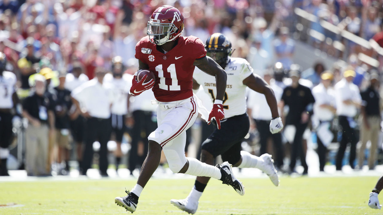 TUSCALOOSA, AL - SEPTEMBER 21: Henry Ruggs III #11 of the Alabama Crimson Tide runs for a touchdown after catching a pass during a game against the Southern Mississippi Golden Eagles at Bryant-Denny Stadium on September 21, 2019 in Tuscaloosa, Alabama. Alabama defeated Southern Miss 49-7.