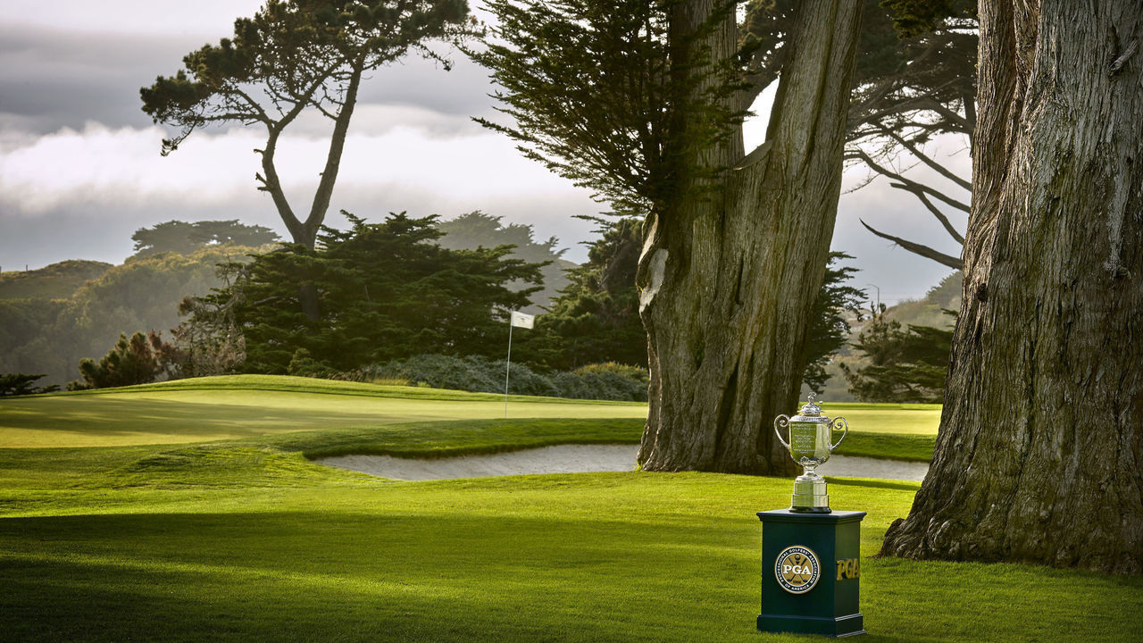 SAN FRANCISCO, CALIFORNIA - OCTOBER 2: A view of the Wanamaker Trophy hole at TPC Harding Park on October 2, 2018 in San Fransisco, California.