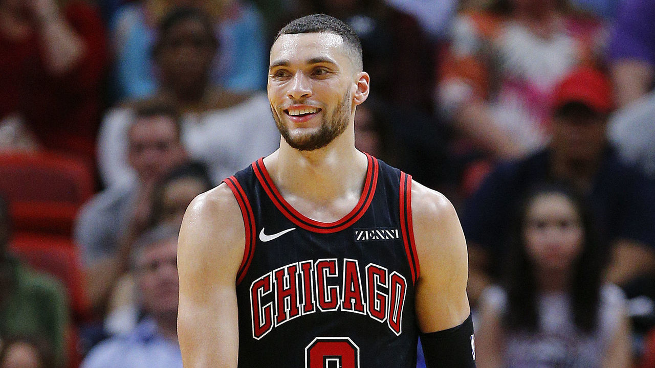 MIAMI, FLORIDA - DECEMBER 08: Zach LaVine #8 of the Chicago Bulls looks on against the Miami Heat during the second half at American Airlines Arena on December 08, 2019 in Miami, Florida. NOTE TO USER: User expressly acknowledges and agrees that, by downloading and/or using this photograph, user is consenting to the terms and conditions of the Getty Images License Agreement.