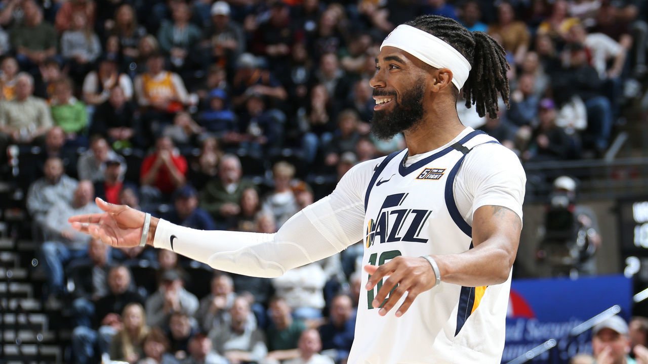 SALT LAKE CITY, UT - FEBRUARY 28: Mike Conley #10 of the Utah Jazz smiles during a game against the Washington Wizards on February 28, 2020 at vivint.SmartHome Arena in Salt Lake City, Utah. Mandatory Copyright Notice: Copyright 2020 NBAE
