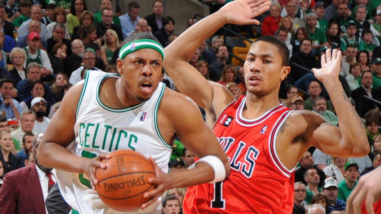 BOSTON - MAY 2: Paul Pierce #34 of the Boston Celtics drives to the basket against Derrick Rose #1 of the Chicago Bulls in Game Seven of the Eastern Conference Quarterfinals during the 2009 NBA Playoffs at TD Banknorth Garden on May 2, 2009 in Boston, Massachusetts. Mandatory Copyright Notice: Copyright 2009 NBAE