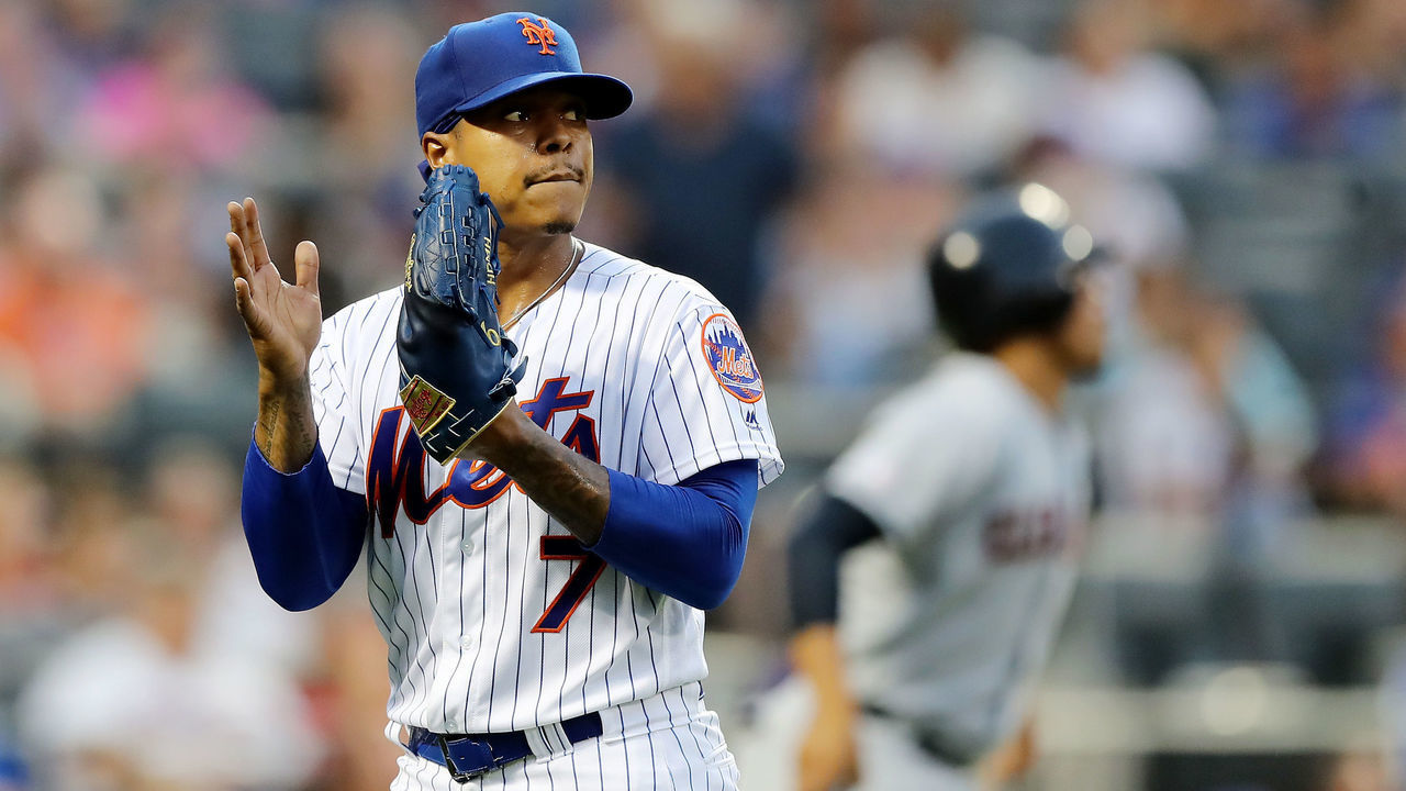 NEW YORK, NEW YORK - AUGUST 21: Marcus Stroman #7 of the New York Mets celebrates after Juan Lagares made the catch for the out to end the first inning against the Cleveland Indians at Citi Field on August 21, 2019 in the Flushing neighborhood of the Queens borough of New York City.