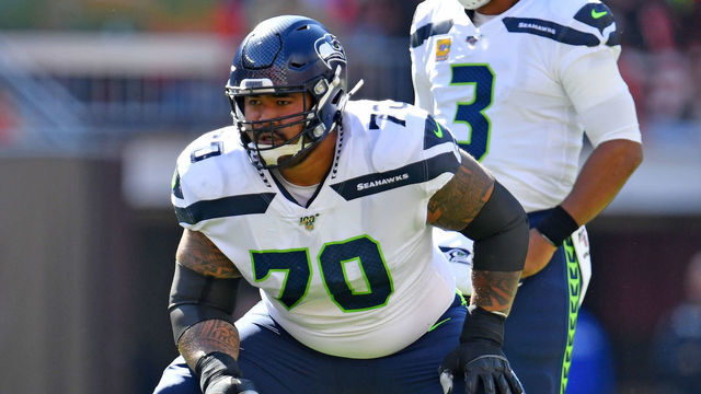 CLEVELAND, OHIO - OCTOBER 13: Mike Iupati #70 of the Seattle Seahawks lines up during the first half against the Cleveland Browns at FirstEnergy Stadium on October 13, 2019 in Cleveland, Ohio.