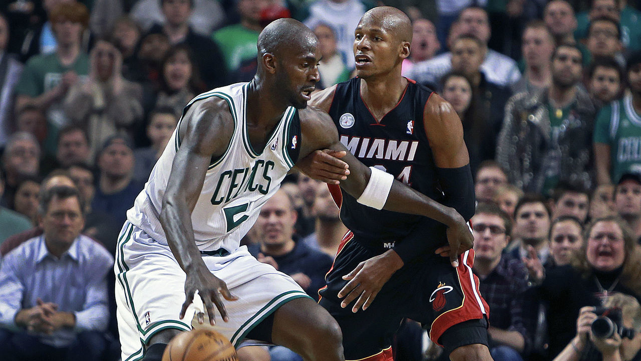 BOSTON - JANUARY 27: The Celtics' Kevin Garnett, left, was guarded by former teammate and current Heat guard Ray Allen in the fourth quarter as the Boston Celtics hosted the Miami Heat in an NBA regular season game at the TD Garden.