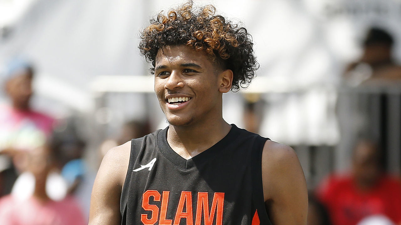 NEW YORK, NEW YORK - AUGUST 18: Jalen Green #14 of Team Zion in action against Team Jimma during the SLAM Summer Classic 2019 at Dyckman Park on August 18, 2019 in New York City.