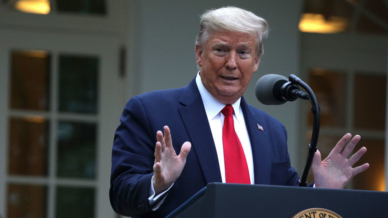 WASHINGTON, DC - APRIL 14: U.S. President Donald Trump speaks during the daily briefing of the White House Coronavirus Task Force in the Rose Garden at the White House April 14, 2020 in Washington, DC. President Trump announced that he is halting funding for World Health Organization WHO.