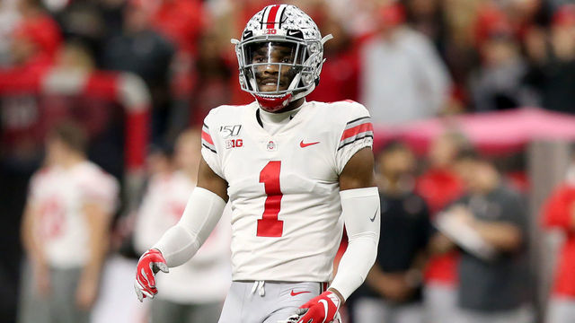 INDIANAPOLIS, INDIANA - DECEMBER 07: Jeff Okudah #01 of the Ohio State Buckeyes in action in the Big Ten Championship game against the Wisconsin Badgers at Lucas Oil Stadium on December 07, 2019 in Indianapolis, Indiana.