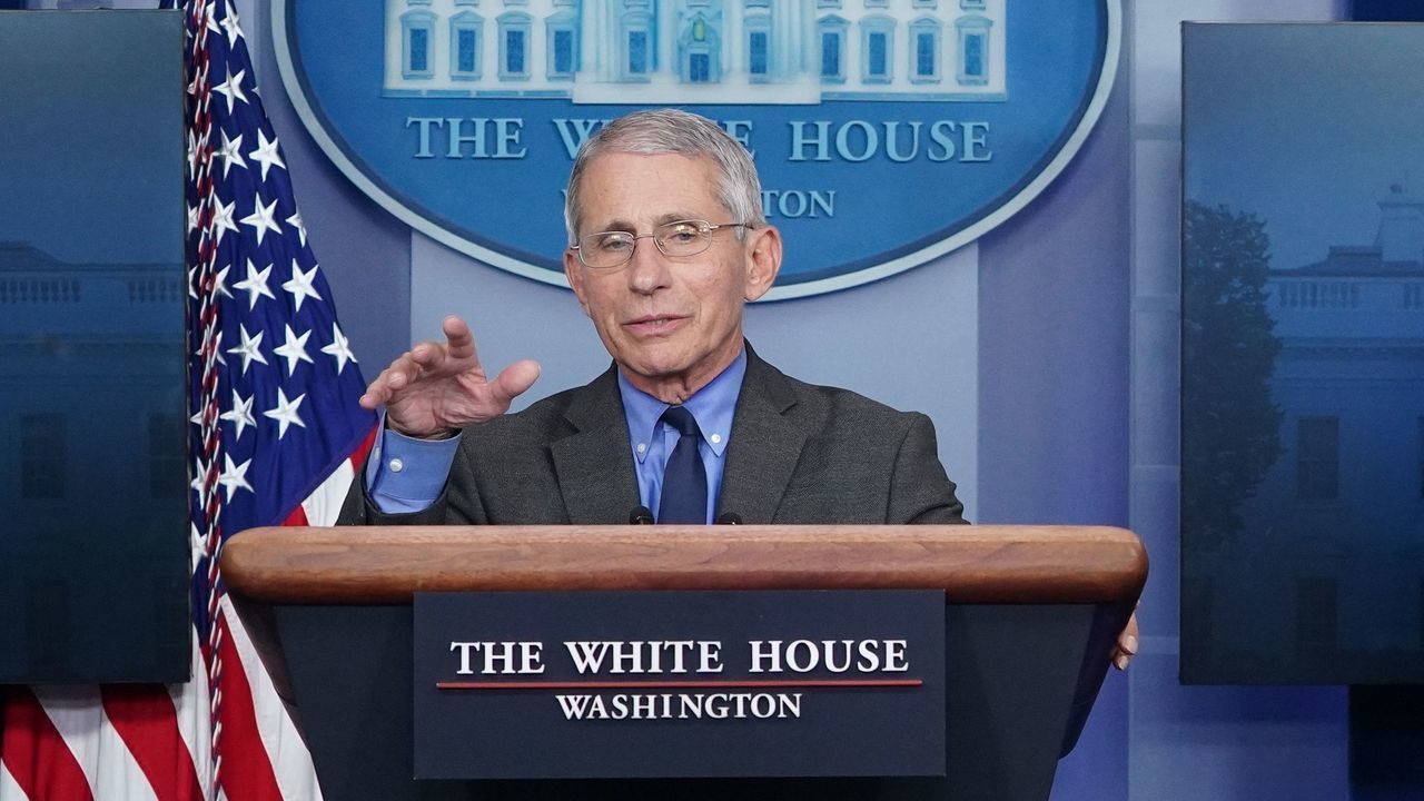 Director of the National Institute of Allergy and Infectious Diseases Anthony Fauci speaks as US President Donald Trump and US Vice President Mike Pence listen during the daily briefing on the novel coronavirus, which causes COVID-19, in the Brady Briefing Room at the White House on April 13, 2020, in Washington, DC.