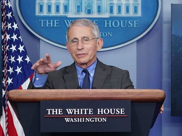 Director of the National Institute of Allergy and Infectious Diseases Anthony Fauci speaks as US President Donald Trump and US Vice President Mike Pence listen during the daily briefing on the novel coronavirus, which causes COVID-19, in the Brady Briefing Room at the White House on April 13, 2020, in Washington, DC.