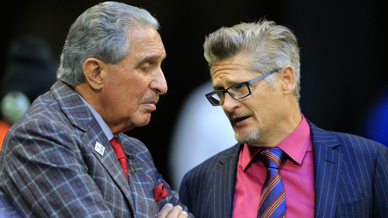 ATLANTA, GA - OCTOBER 20: Falcons team owner Arthur Blank (l) talks with General Manager Thomas Dimitroff during the NFL regular season game between the Atlanta Falcons and the Los Angeles Rams on October 20, 2019 at the Mercedes-Benz Stadium in Atlanta, Georgia.