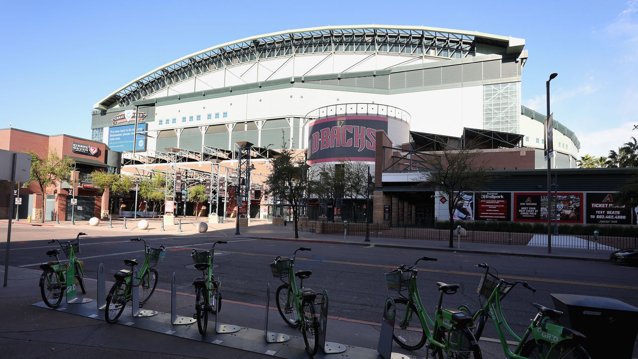 PHOENIX, ARIZONA - MARCH 26: General view outside of Chase Field on March 26, 2020 in Phoenix, Arizona. The Arizona Diamondbacks and the Atlanta Braves were scheduled to play a Major League Baseball opening day game tonight, which was postponed due to the coronavirus (COVID-19) global pandemic.